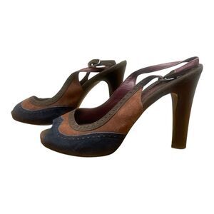 Sportmax Suede Wingtip Brown Blue Open Toe Heel Size 7 Made in Italy